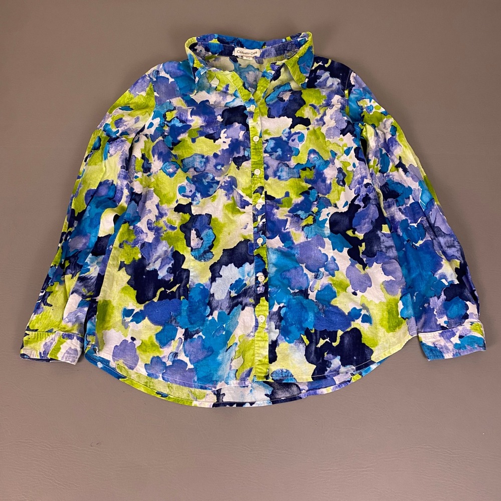 Coldwater Creek Blouse Top Button Up Womens Size 1X Blue Green Watercolor Floral
